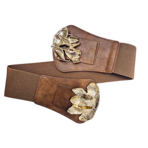 Gold or Silver Metal Floral Buckle Accent Wide Stretch Elastic Statement Belt main image 4